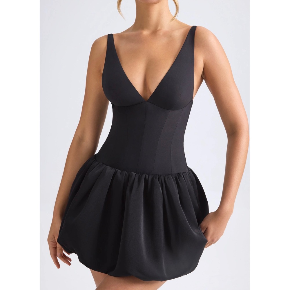 Oh Polly Black Mini Dress with Fitted Bodice and Bubble Skirt